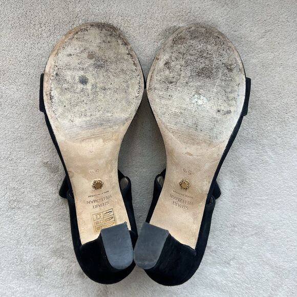 Stuart Weitzman Ezra 80 Black Suede Black Heel Sandal Women 5.5 Wide Strap Chic - Picture 11 of 13